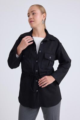 Beli Bağcıklı Kapak Cepli Düğmeli Ceket - Thumbnail (7)