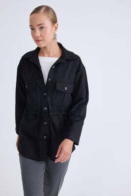 Beli Bağcıklı Kapak Cepli Düğmeli Ceket - Thumbnail (9)