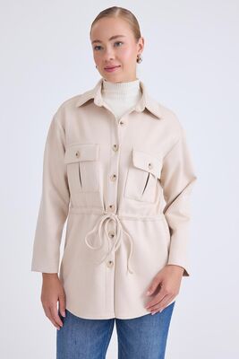 Beli Bağcıklı Kapak Cepli Düğmeli Ceket - Thumbnail (2)