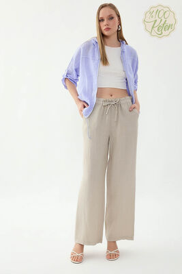 %100 Keten Beli Bağcıklı Pantolon