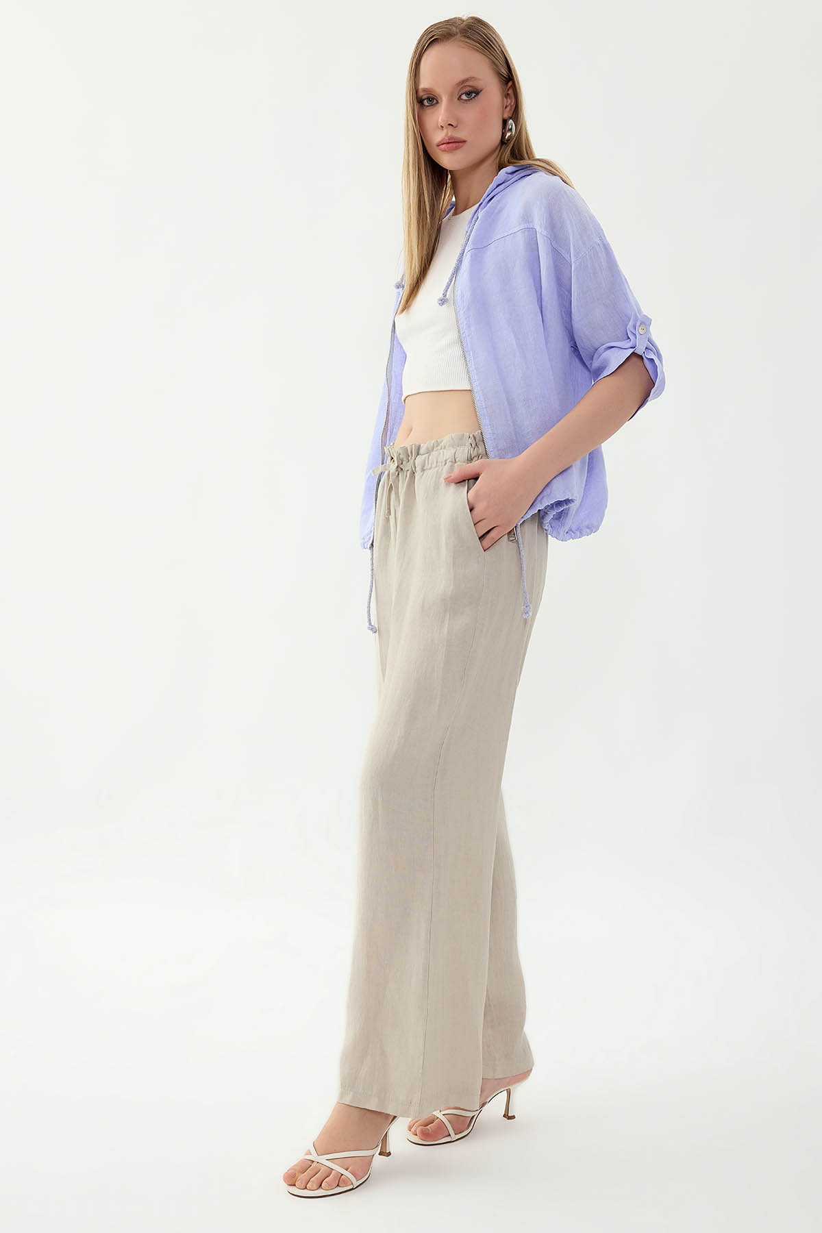 %100 Keten Beli Bağcıklı Pantolon - Thumbnail