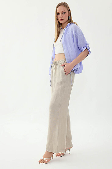 %100 Keten Beli Bağcıklı Pantolon - 3