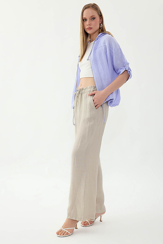 %100 Keten Beli Bağcıklı Pantolon - 3