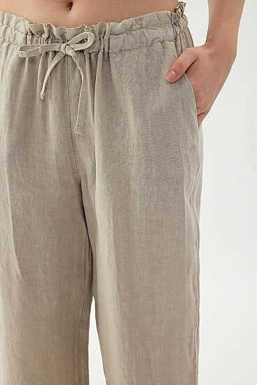 %100 Keten Beli Bağcıklı Pantolon - 4
