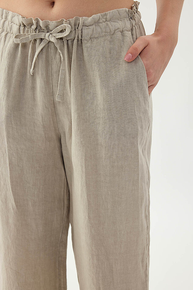 %100 Keten Beli Bağcıklı Pantolon - 4