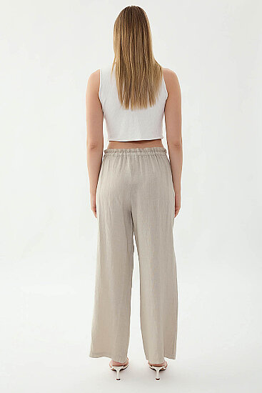 %100 Keten Beli Bağcıklı Pantolon - 5