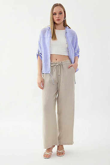 %100 Keten Beli Bağcıklı Pantolon - 6