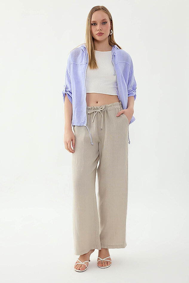 %100 Keten Beli Bağcıklı Pantolon - 6