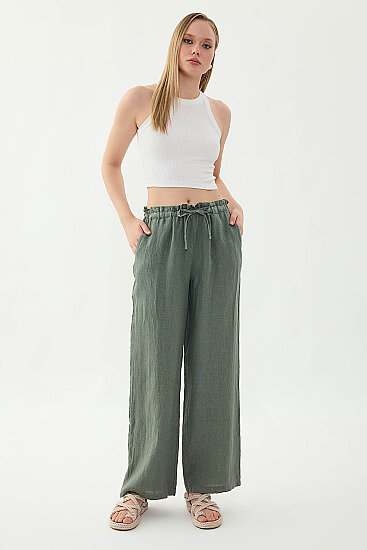 %100 Keten Beli Bağcıklı Pantolon - 8