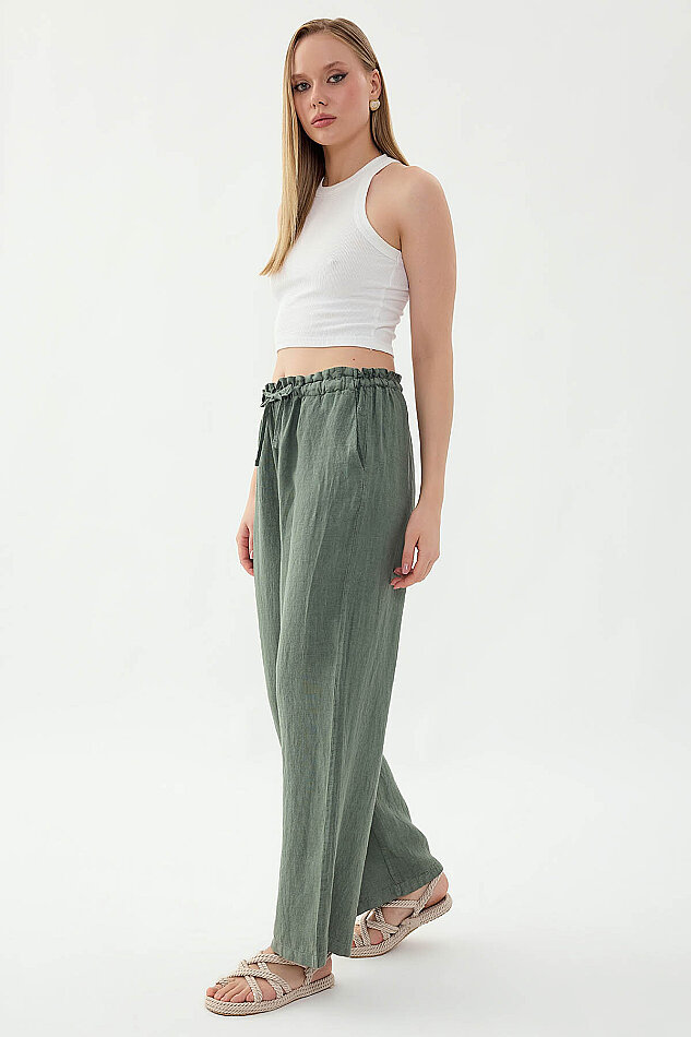 %100 Keten Beli Bağcıklı Pantolon - 9