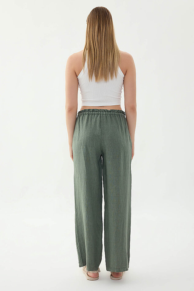 %100 Keten Beli Bağcıklı Pantolon - 10