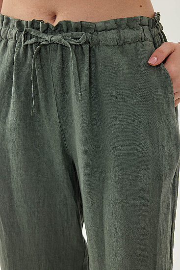 %100 Keten Beli Bağcıklı Pantolon - 11