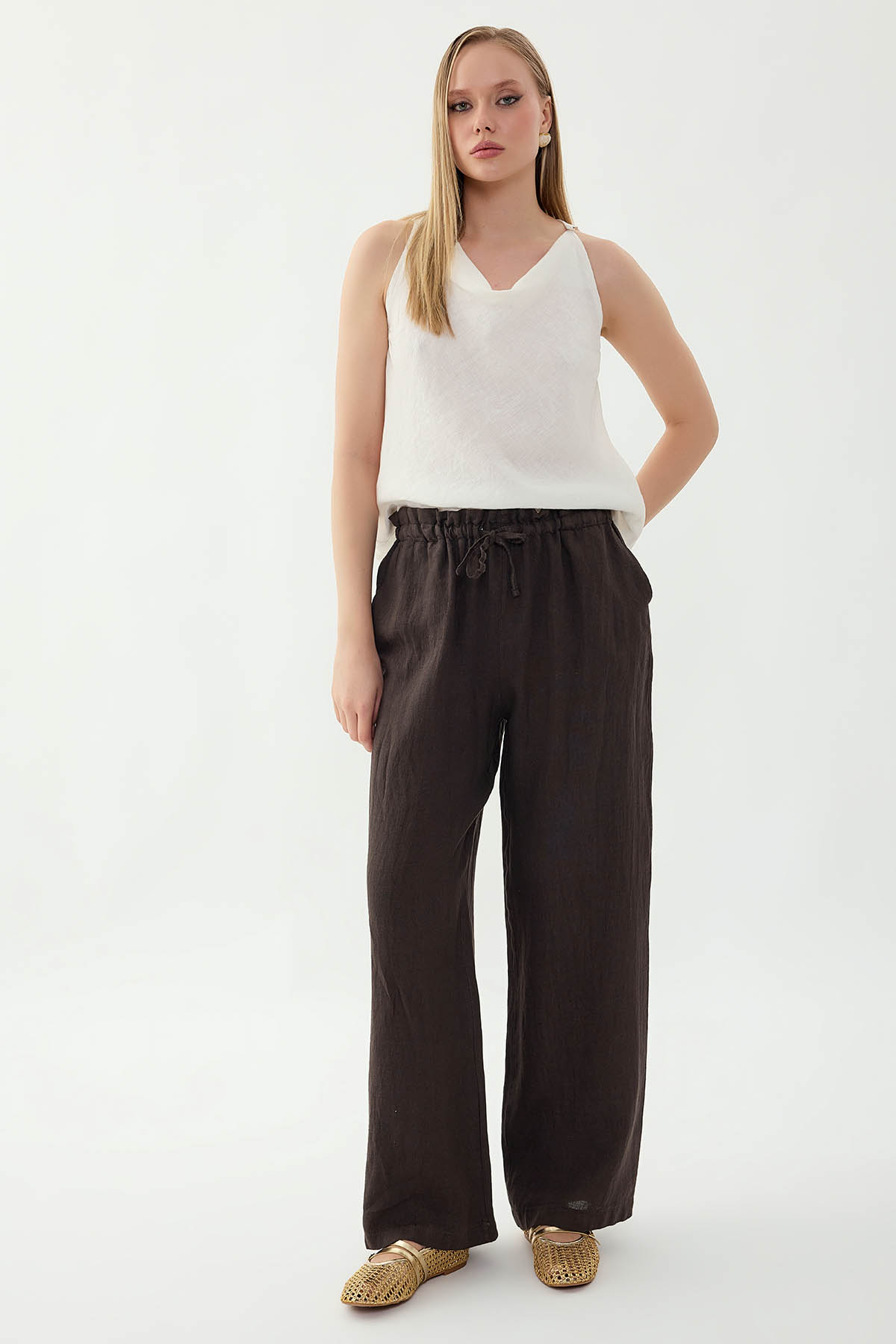 %100 Keten Beli Bağcıklı Pantolon - Thumbnail