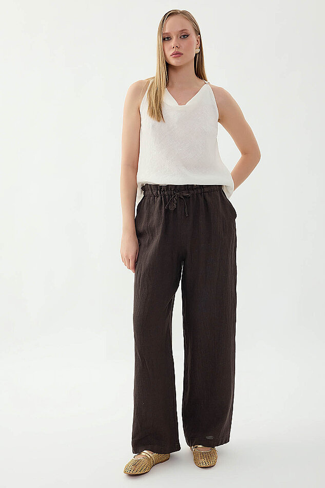 %100 Keten Beli Bağcıklı Pantolon - 13