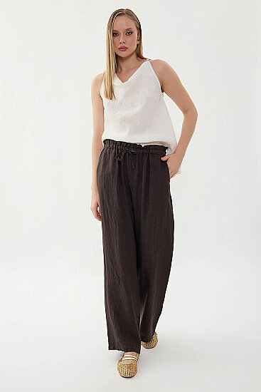 %100 Keten Beli Bağcıklı Pantolon - 14