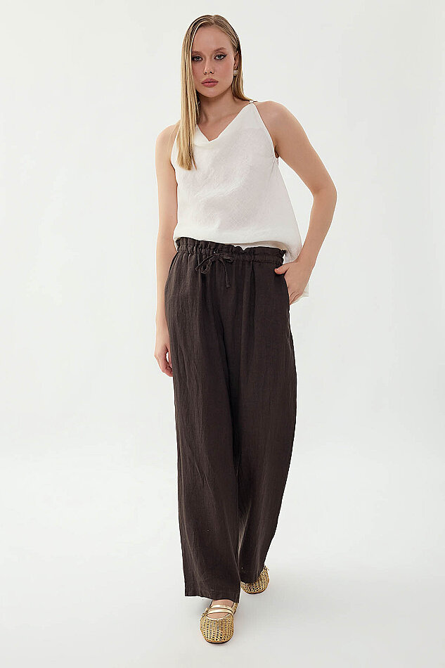 %100 Keten Beli Bağcıklı Pantolon - 14