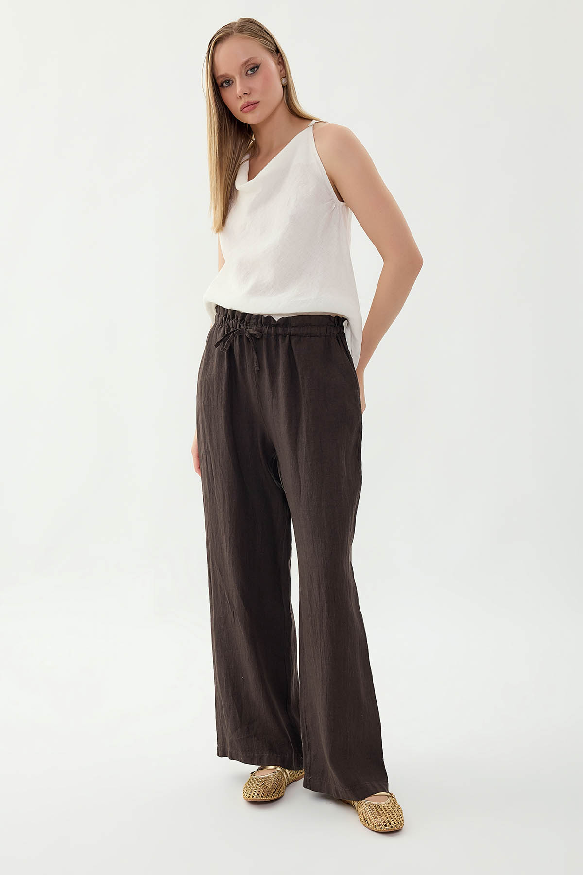 %100 Keten Beli Bağcıklı Pantolon - Thumbnail