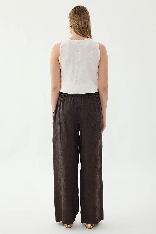%100 Keten Beli Bağcıklı Pantolon - 16
