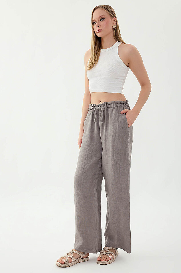 %100 Keten Beli Bağcıklı Pantolon - 19