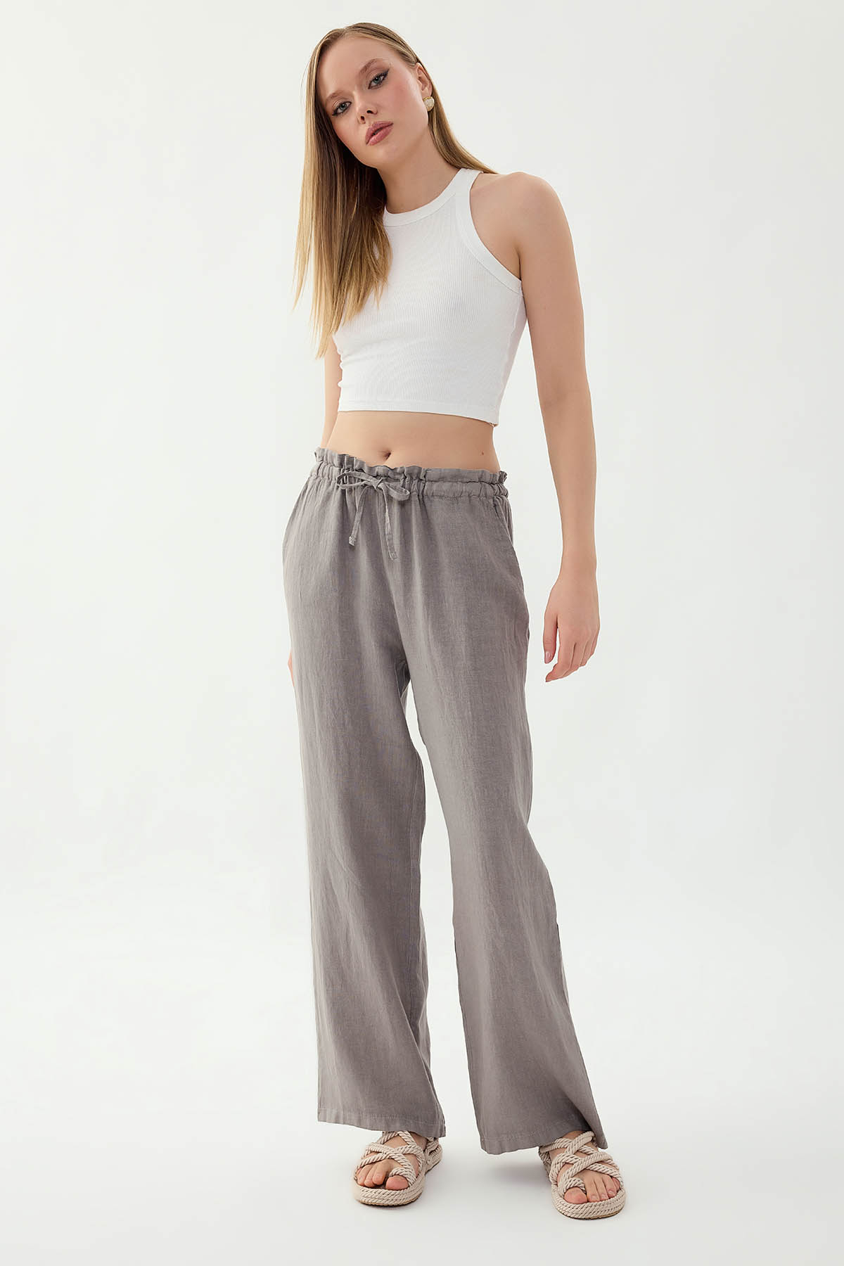 %100 Keten Beli Bağcıklı Pantolon - Thumbnail