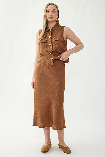 %100 Keten Beli Bağcıklı Midi Etek - 2