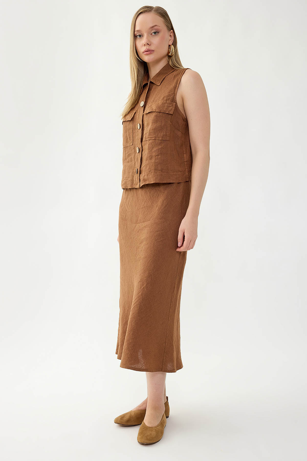 %100 Keten Beli Bağcıklı Midi Etek - Thumbnail