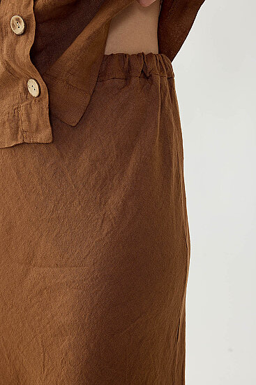 %100 Keten Beli Bağcıklı Midi Etek - 4