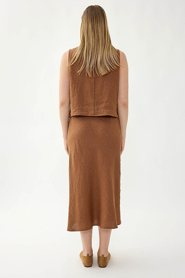 %100 Keten Beli Bağcıklı Midi Etek - 5