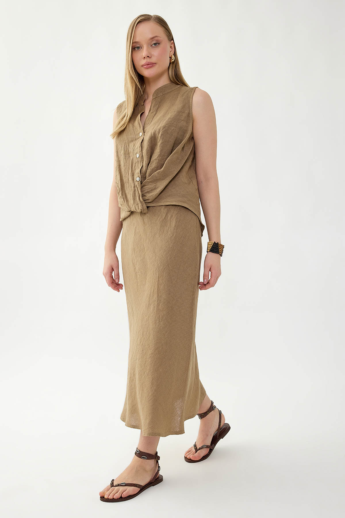 %100 Keten Beli Bağcıklı Midi Etek - Thumbnail