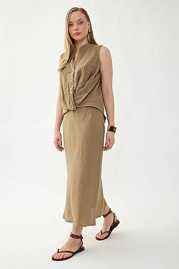 %100 Keten Beli Bağcıklı Midi Etek - 7