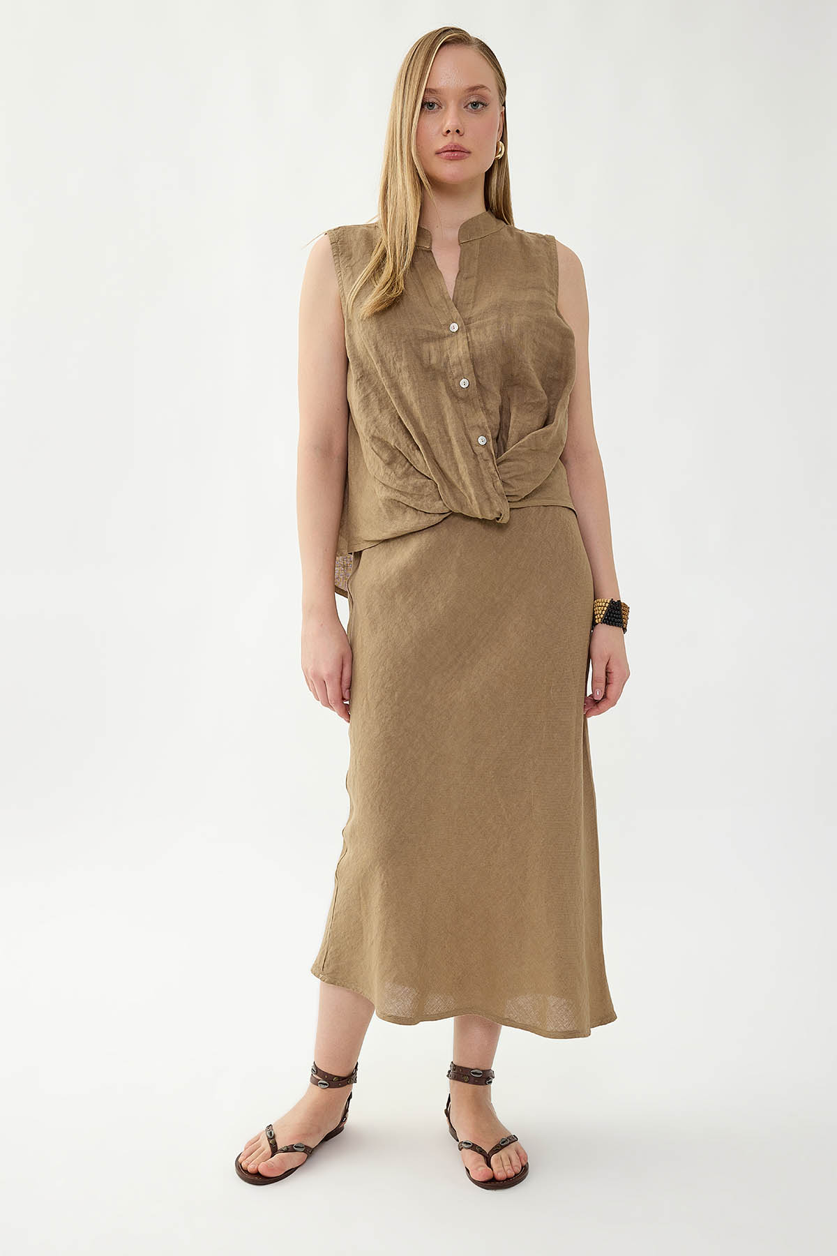 %100 Keten Beli Bağcıklı Midi Etek - Thumbnail