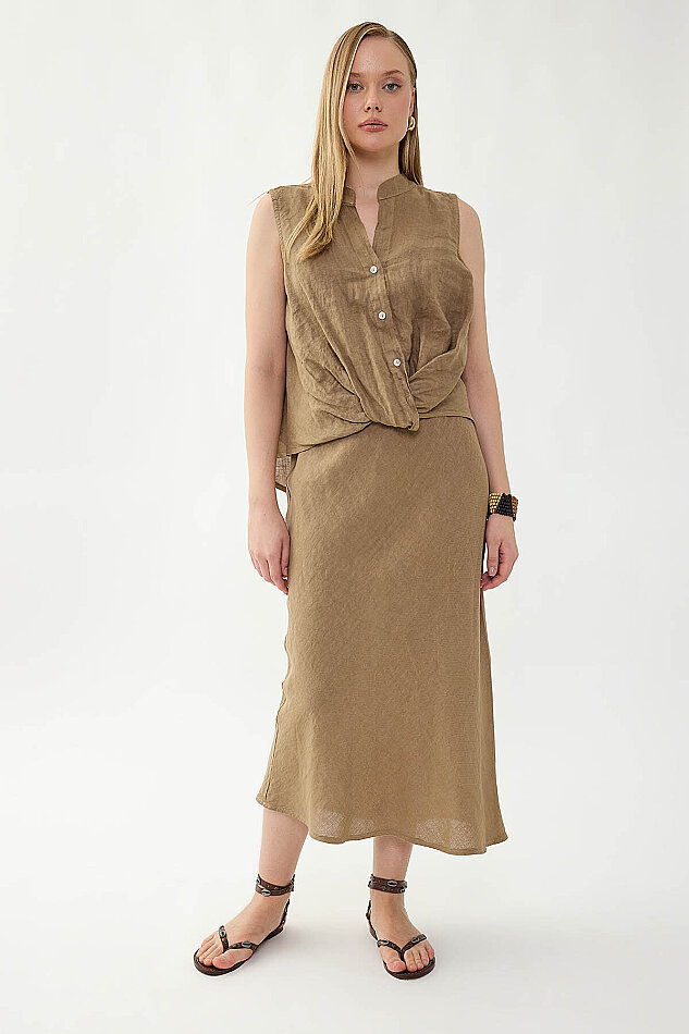 %100 Keten Beli Bağcıklı Midi Etek - 8