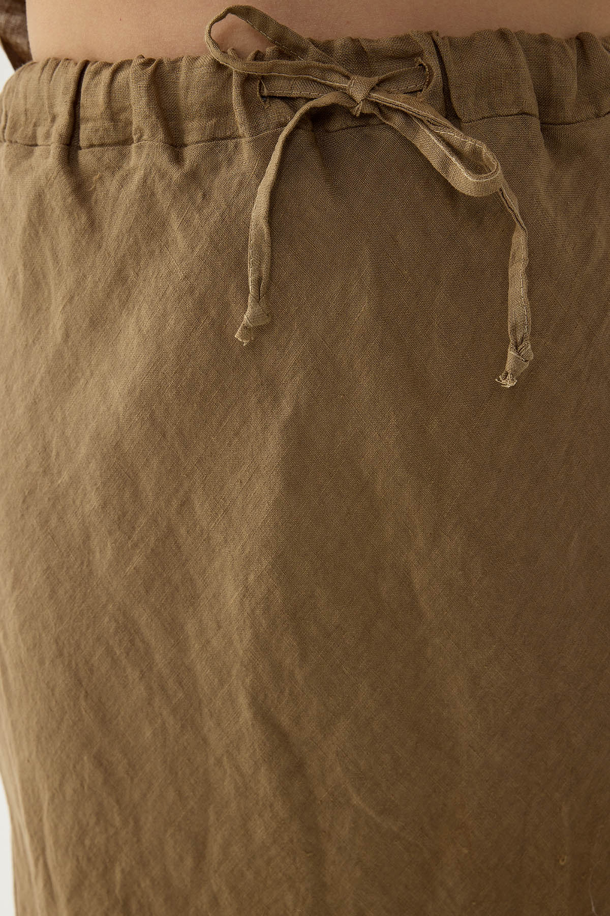 %100 Keten Beli Bağcıklı Midi Etek - Thumbnail