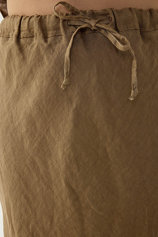 %100 Keten Beli Bağcıklı Midi Etek - 9