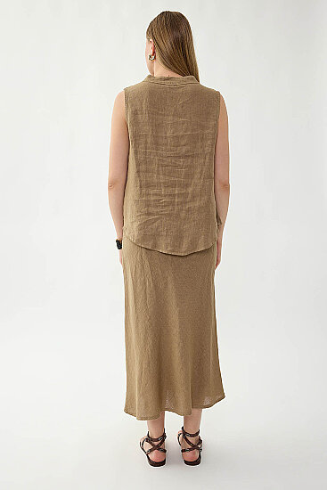 %100 Keten Beli Bağcıklı Midi Etek - 10