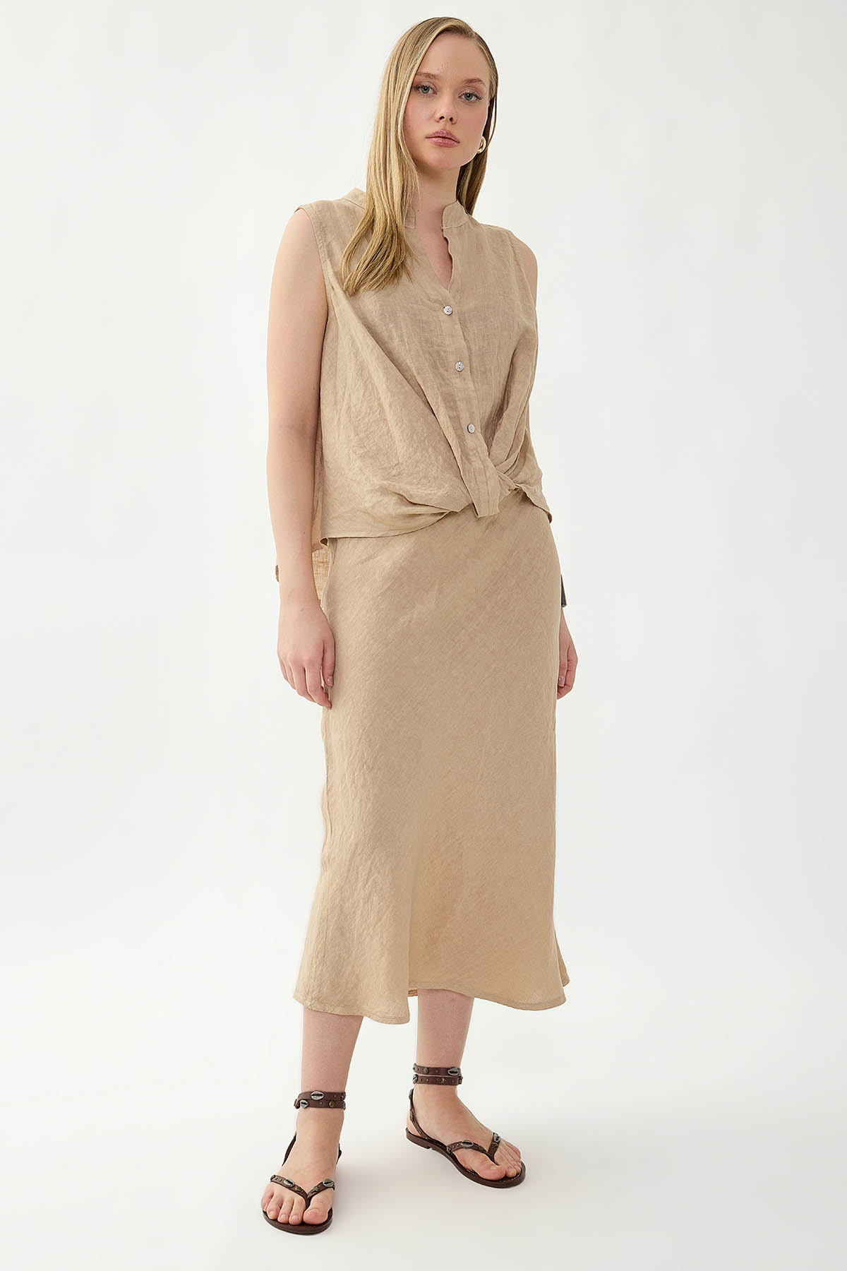 %100 Keten Beli Bağcıklı Midi Etek - Thumbnail