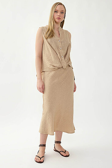 %100 Keten Beli Bağcıklı Midi Etek - 12