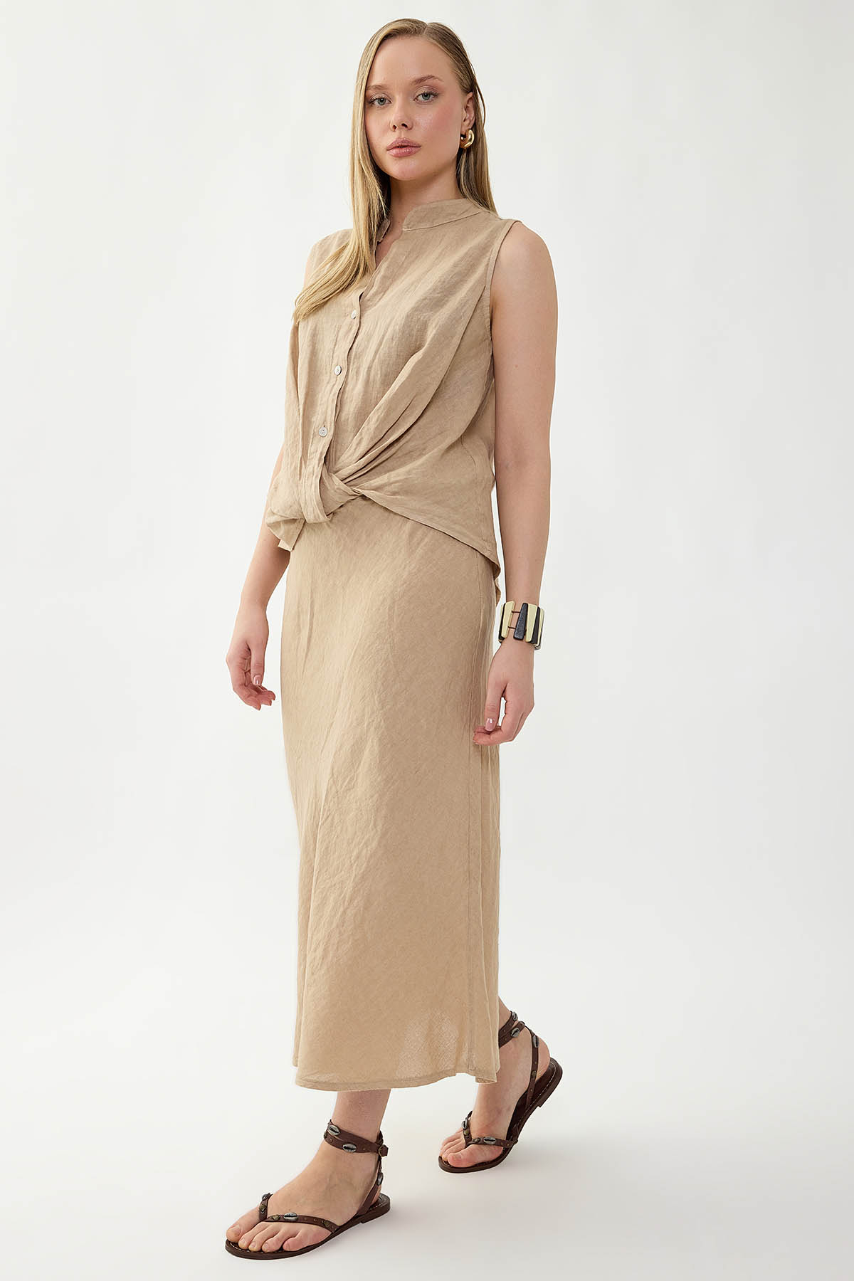 %100 Keten Beli Bağcıklı Midi Etek - Thumbnail