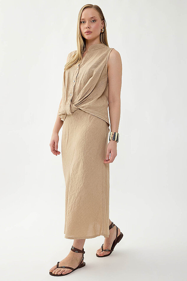 %100 Keten Beli Bağcıklı Midi Etek - 13