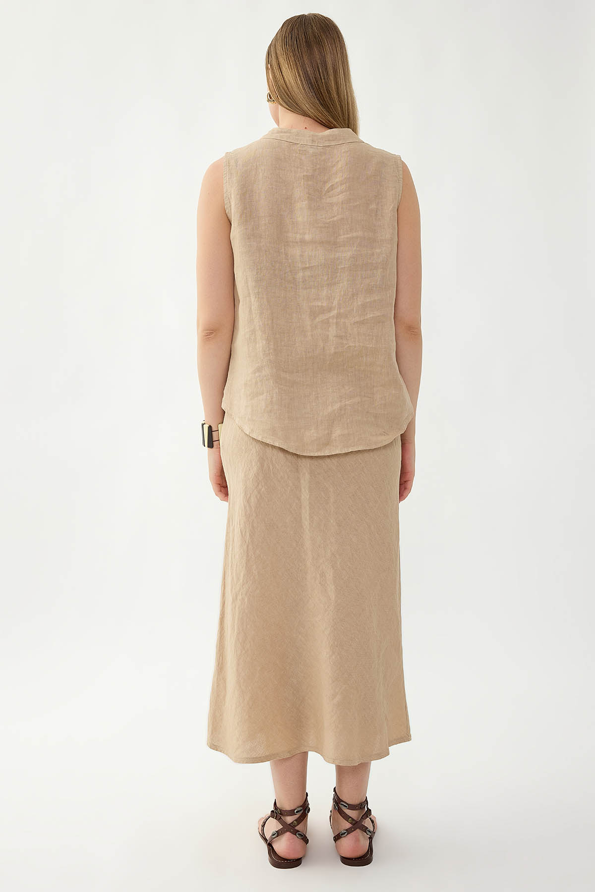 %100 Keten Beli Bağcıklı Midi Etek - Thumbnail