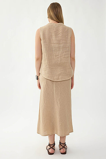 %100 Keten Beli Bağcıklı Midi Etek - 15