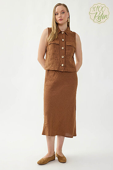 %100 Keten Beli Bağcıklı Midi Etek - 1