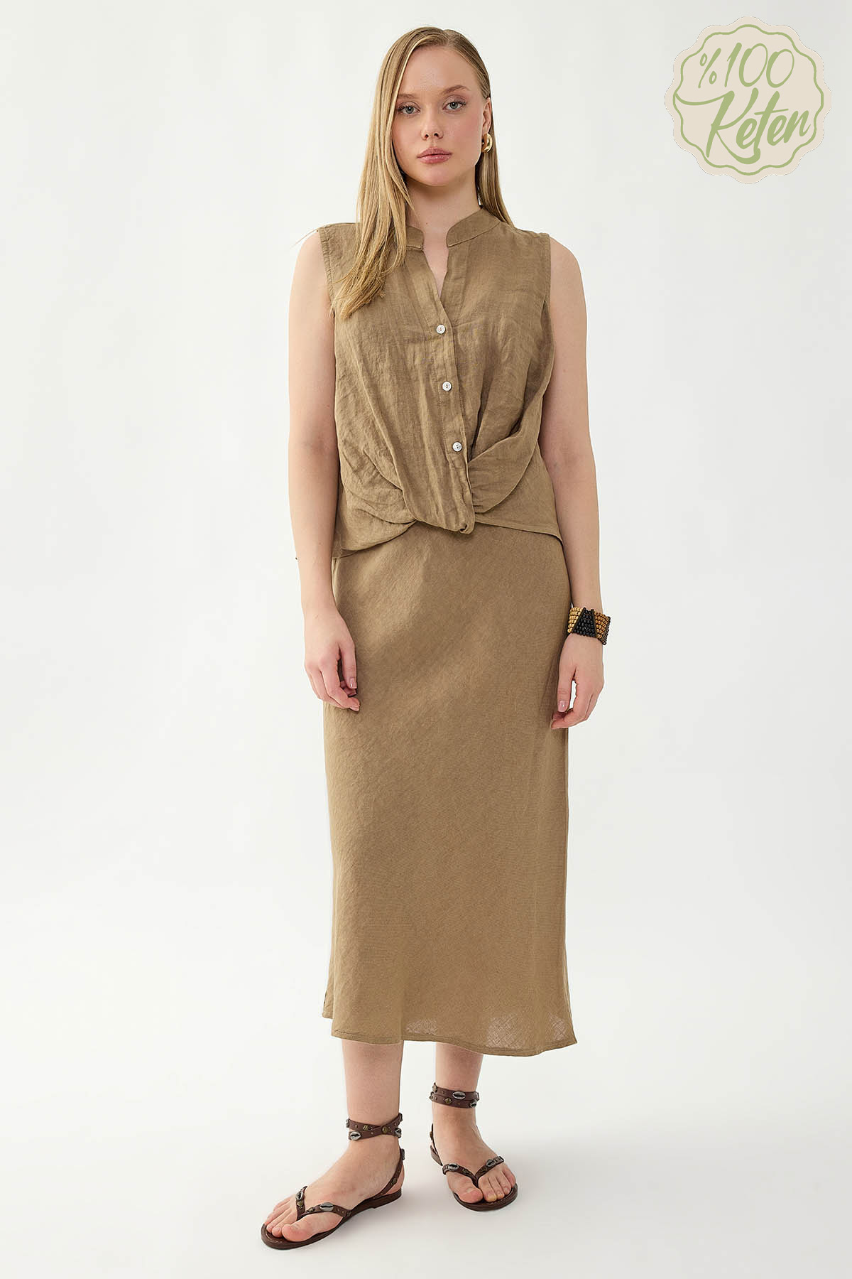 %100 Keten Beli Bağcıklı Midi Etek - Thumbnail