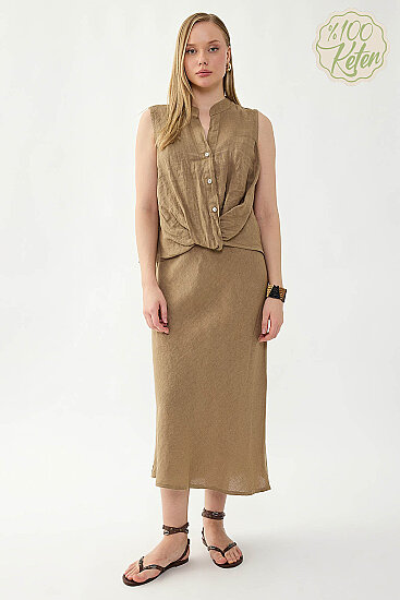 %100 Keten Beli Bağcıklı Midi Etek - 6