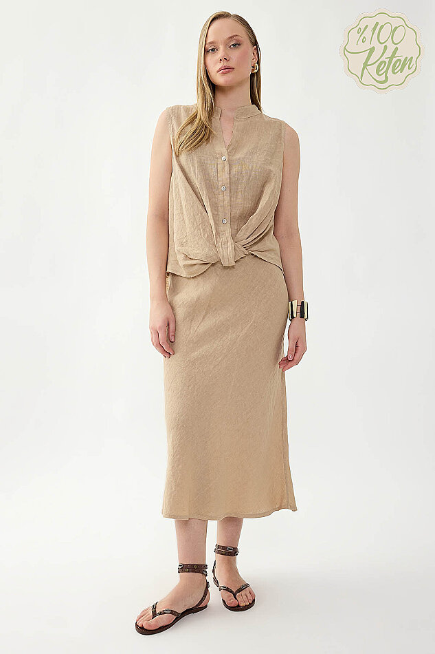 %100 Keten Beli Bağcıklı Midi Etek - 11