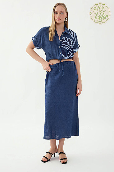 %100 Keten Beli Bağcıklı Midi Etek - 16