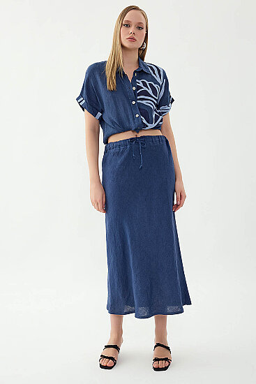 %100 Keten Beli Bağcıklı Midi Etek - 17