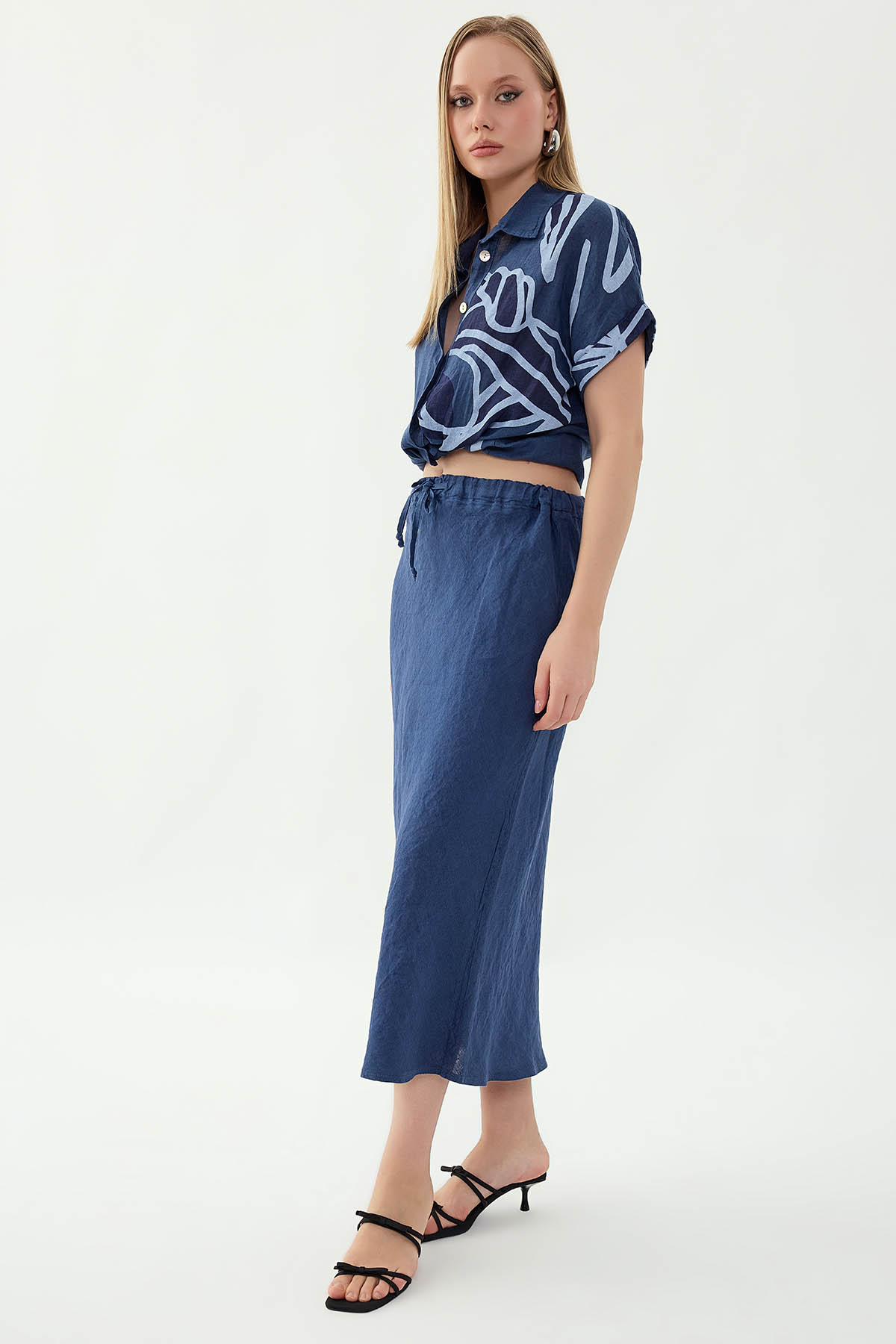 %100 Keten Beli Bağcıklı Midi Etek - Thumbnail