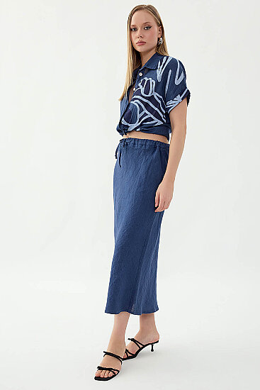 %100 Keten Beli Bağcıklı Midi Etek - 18