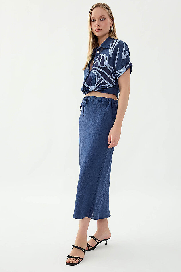 %100 Keten Beli Bağcıklı Midi Etek - 18